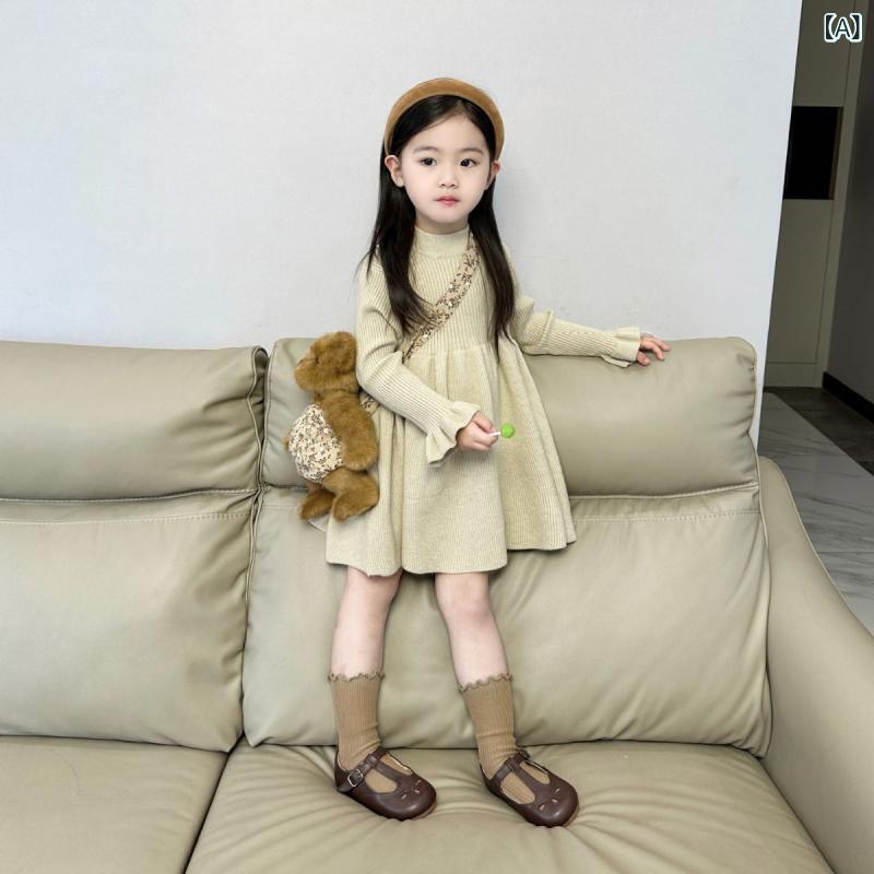 キッズ 女の子 ワンピース 秋冬 長袖 ニット コットン Aライン スカート 柔軟素材 純色 杏色 麻花柄 中小童 3~8歳 100~140cm 秋服 暖か 通学 普段使い
