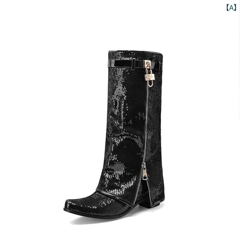 女性用 ファッション ブーツ レディース ハイカット ミドルヒール ピンク系 ゴールド シルバー パープル グリーン ブラック キラキラ セクシー 切り替え 秋冬 接触冷感 人造PU 軽量 通勤 普段使い アウトドア 伸縮性 高級感 ビッグシルエット