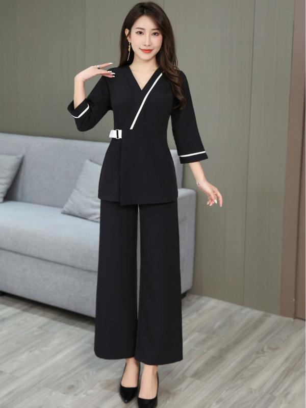 美容師 服 レディース 修身 スリム 足療 足浴 作業着 セット 吸湿排汗 ポリエステル 七分袖 短袖 ホワイト ブラック 通年 S M L XL XXL XXXL