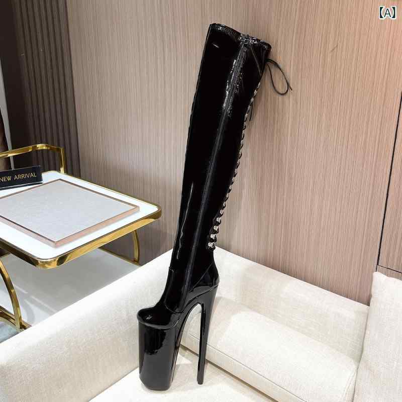 ファッション ブーツ メンズ レディース ユニセックス 過膝 ロング ブーツ 漆皮 光沢 加工 細ヒール 超高ヒール 防水台 26cm 筒高 ラウンドトゥ サイドジップ TPU ソール 綿 内張り PU 素材 防水 保暖 伸縮性 包み込み 切り替え ステ