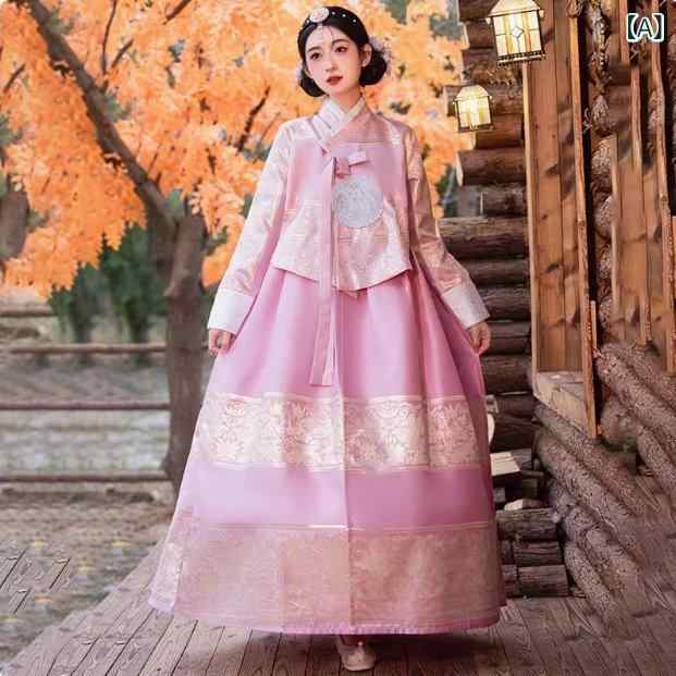 韓服 女性用 伝統衣装 延吉 公主 宮廷 セット ピンク グリーン ポリエステル 冬 クラシック 撮影 ダンス 演出 延辺 宮廷風 かわいい ロマンチック フルセット コスプレ