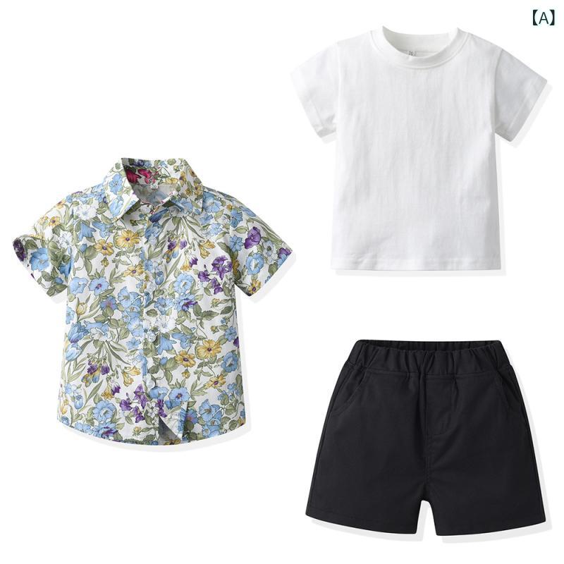 男児 キッズ 3点セット 夏服 短袖 花柄 シャツ 半袖Tシャツ 短パン 綿素材 花柄プリント 春夏 沙?風 休? かわいい 潮カッコイイ 普段使い 子供服 中小児 軽量 通気性 吸湿速乾 花?柄 ビーチスタイル 男の子 セットアップ トップス ボトムス