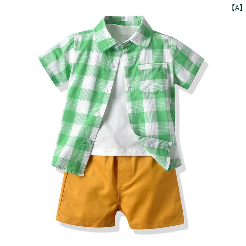 Boys Kids Summer Kids Clothes 3 Piece Set Short Sleeve Shirt Short Sleeve Top Shorts Cotton Material Soft Striped Check Pattern Green Light Blue Dark Blue Blue White Orange Plaid Green Purple 3-140cm 3-140cm 3-6 Year Old Kids Boys Summer Clothes Set Up