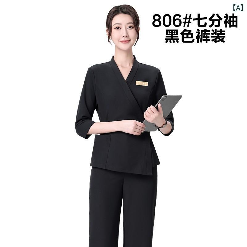 美容院 足浴 女性用 作業着 セラピスト服 スパ 技師服 レディース 七分袖 長ズボン ショートスリーブ ブラック ダークブラウン ポリエステル 速乾 伸縮性 ゆったり 秋冬 通勤用