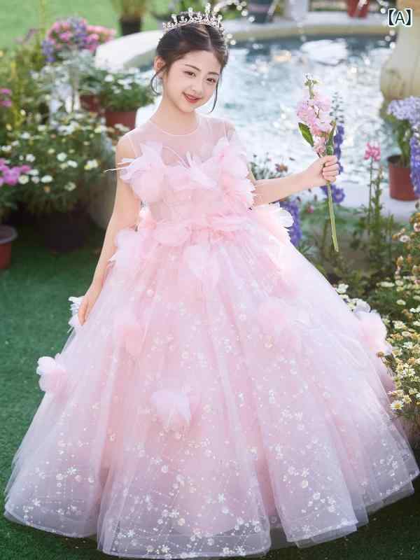 女の子 ドレス キッズ 女児 ピンク プリンセスドレス かわいい レース セットアップ 礼服 パーティー 演奏会 発表会 春秋夏秋冬 ポリエステル混紡 プリーツ加工 コーティング 剪毛 酵素洗い 軽量 伸縮性 通学 普段使い 幼児 中小童 100cm 1