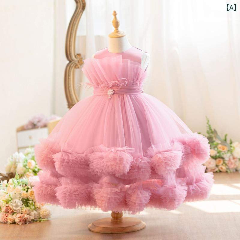 女の子 礼服 プリンセスドレス キッズ ドレス チュール 網紗 コットン混紗 ポリエステル コットン裏地 酵素洗い かわいい 豆沙色 ワインレッド ピンク ホワイト 3～8歳 100～140cm 通年 誕生日 パーティー 撮影用 かわいい プリンセス ス