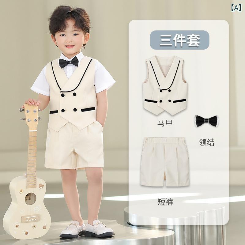 子供 男の子 西装 礼服 スーツ セット 英倫風 演出服 花童服 誕生日 撮影用 夏 短袖 Vネック 米色 ベージュ ブラウン ネイビー 3点セット 4点セット 馬甲 ベスト 短パン 領結 シャツ 柔軟素材 ポリエステル混紡 短丈 ダブルブレスト 子供服