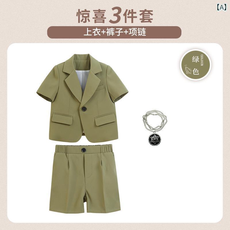 キッズ 男の子 西装 セット 春夏 3点組 4点組 短袖 短パン ショートジャケット 翻領 緑 黒 ピンク 化繊混紡 ポリエステル 柔軟 軽量 普通厚 純色 英倫風 英格ランドスタイル 礼服 演出服 花童服 短丈 普段使い