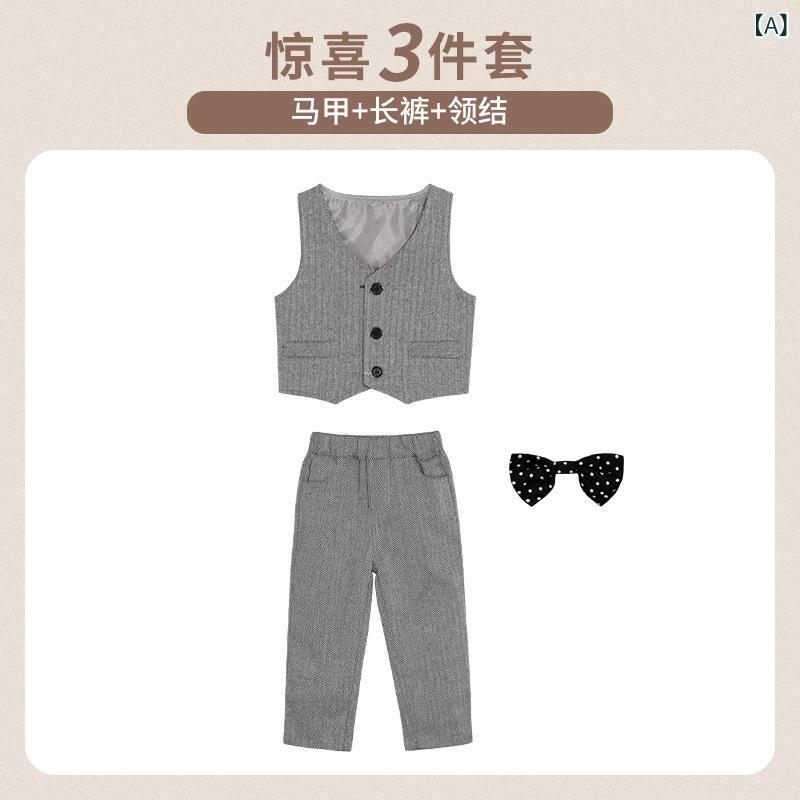 男の子 ベビー キッズ 秋冬 長袖 条紋 ベスト 長ズボン 2点セット 柔らか素材 コットン混 英倫風 ストリートスタイル 長パン セットアップ 普段使い 誕生日 撮影 礼服