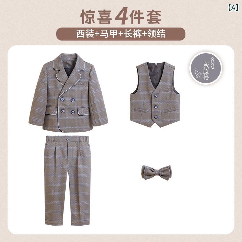 男児 スーツ 礼服 西装 セット 秋冬 英倫 格子柄 男の子 子供 フォーマル 長袖 セットアップ 灰色 紺色 短丈 柔らかい 混紡素材 ダブルブレスト 長ズボン ベスト ネクタイ シャツ 入学式 誕生日 演出 結婚式 3～8歳 中小児