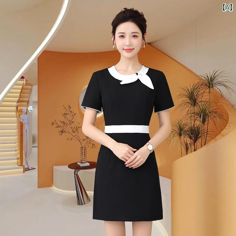 レディース 美容師 制服 セット 薄手 韓国風 美容院 スキンケア 母子看護 スパ ワンピース 長ズボン 吸湿速乾 梭織綿 ポリエステル スパンデックス ブラック ピンクベージュ ネイビー 短袖 中袖 丸首 普通丈 通年用 作業着 女性用