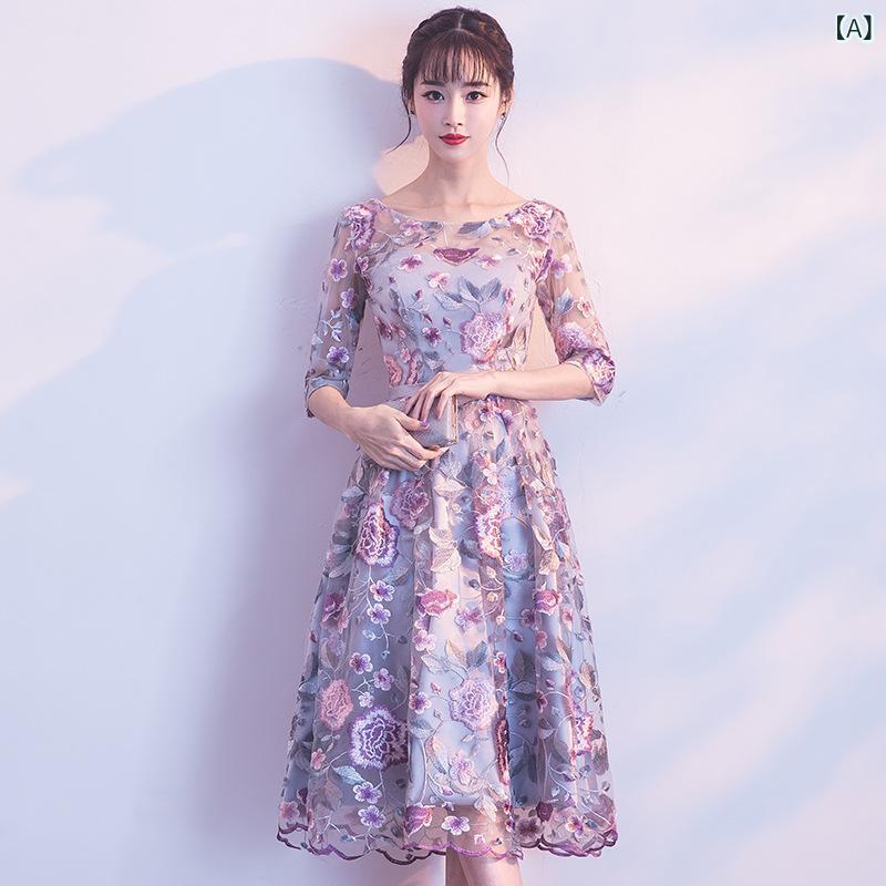 チャイナドレス 女性用 春婚礼 伴娘服 短款 フラワープリント 紫色 A字 ハイウエスト 吊り帯 五分袖 高腰 甘め 清新 ポリエステル 接触冷感 軽量 伸縮性
