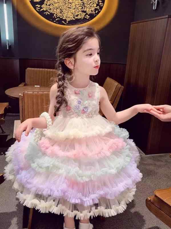 女の子 ワンピース キッズ 吊り帯 背心 夏 春夏 プリンセス スカート 蓬蓬 チュール レース レイヤード かわいい 無袖 涼しい 柔らか 綿 裏地 純色 虹色 グラデーション ピンク系 イエロー系 紫系 ケーキスカート 女児 子供服 ガールズ