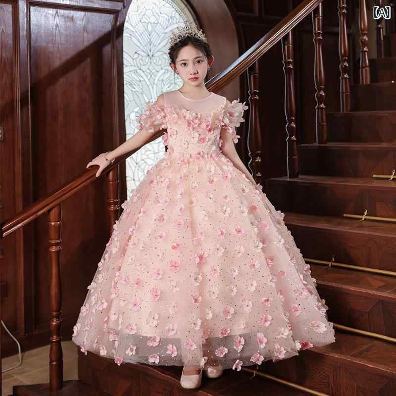 女の子 礼服 プリンセスドレス 花柄 トップス 子供 女児 パーティー 結婚式 誕生日 演奏会 公主風 春秋 夏 冬 通年 ポリエステル プリーツ加工 コート加工 剪毛加工 酵素洗い 軽量 高級感 かわいい ビッグシルエット｜naruki