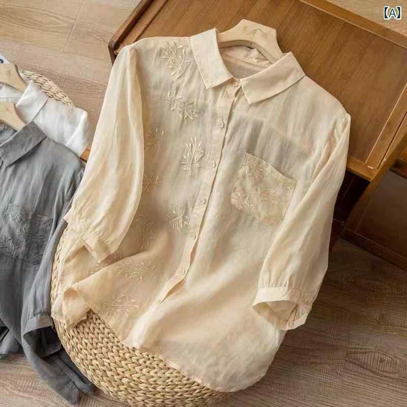 シャツ レディース 七分袖 綿麻 トップス ブラウス 通勤用 気質 シンプル 純色 POLO領 ボタン ゆったり ルーズ 杏色 白色 灰色 春夏 秋 接触冷感 吸湿速乾 軽量 伸縮性 カジュアル