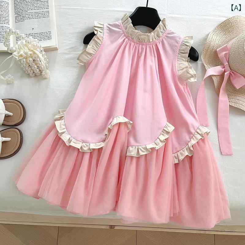 女の子 ワンピース 夏 子供服 女児用 ピンク 緑 プリンセスドレス 花辺 チュール レース Aライン フレアスカート 柔らか素材 ポリエステル 100% 中小童 3-8歳 かわいい 軽量 通気性 伸縮性 普段使い 姫系 ロング丈 フレアシルエット