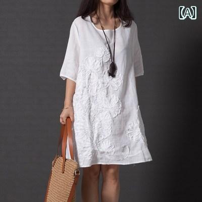ワンピース レディース 大きいサイズ ゆったり Aライン 中長丈 長袖 綿麻 切り替え 刺繍 丸首 中腰 単色 通勤 気質 伸縮性 吸湿速乾 ブラック ピンク ワインレッド ライトブルー オレンジ ネイビー