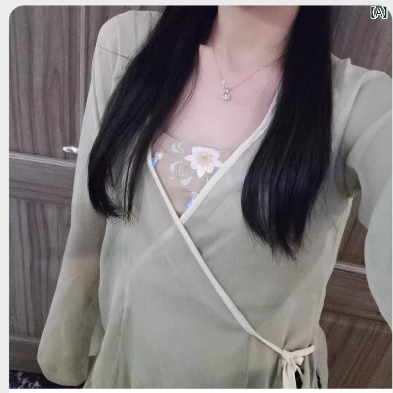 現代舞衣 女性用 夏 雪紡 軽量 セットアップ トップス スカート セット 再生繊維 涼しい ゆったり 淡色 緑系 ピンク系 白系 ダンス衣装 練習着 演出衣装 舞台衣装 中国舞風 漢服風 インナー付