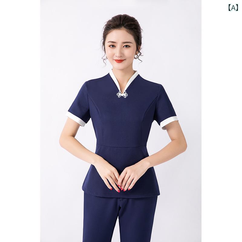 美容師 足浴店 SPA会所 采耳店 技師 女性用 作業着 セットアップ 短袖 七分袖 Vネック 吸湿排汗 ポリエステル 長ズボン 直筒パンツ 通勤 普段使い 春夏秋冬 ブルー パープル ブラック 軽量 伸縮性