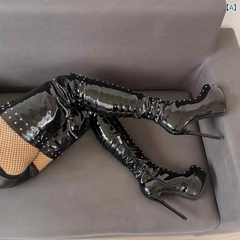 ロングブーツ 女性用 過膝 細高跟 防水台 ラバースタイル ダブルヒール サイドジップ ラバー底 PU素材 短毛?内里 丸トゥ 超高ヒール 8cm以上 厚手 黒 漆皮 宝ブルー 白 黒革 大きいサイズ 秋冬 伸縮性 通勤 普段使い|naruki