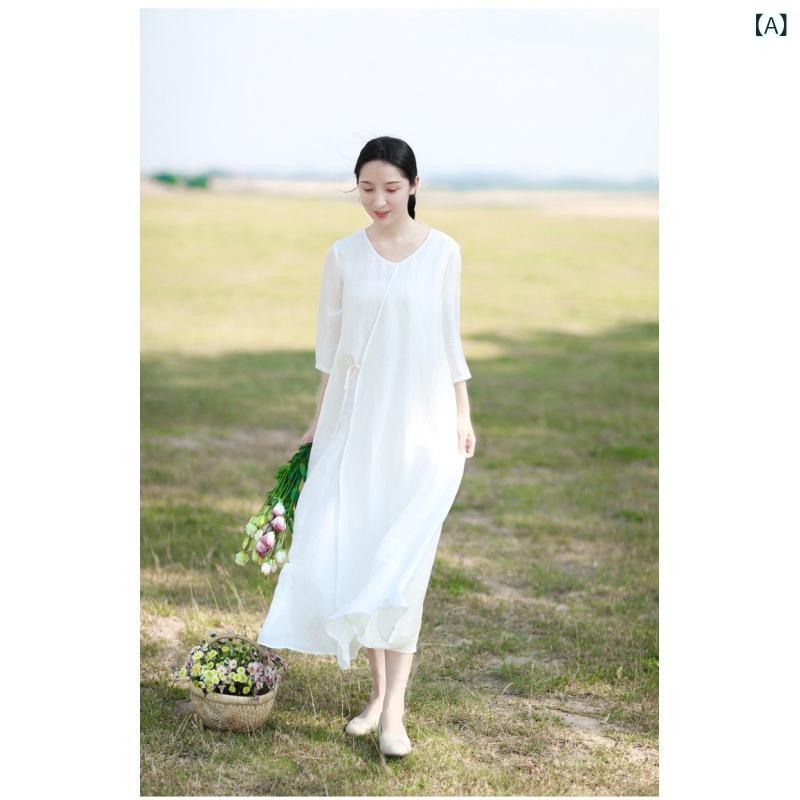 ワンピース レディース ?麻 綿麻 ロング Aライン 七分袖 セットインスリーブ ラウンドネック ルーズフィット 切り替え 軽量 通気性 夏 春夏 白 ピンク 通勤 普段使い ストリート カジュアル ビッグサイズ 気質 エレガント