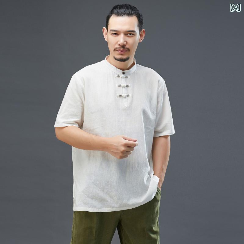 Tシャツ メンズ 短袖 麻 綿麻 3つボタン 円領 ゆったり 無地 白色 暗赤 紺 グレー 春夏 休? 普段使い 吸湿速乾 通気性 軽量 ファッション カジュアル