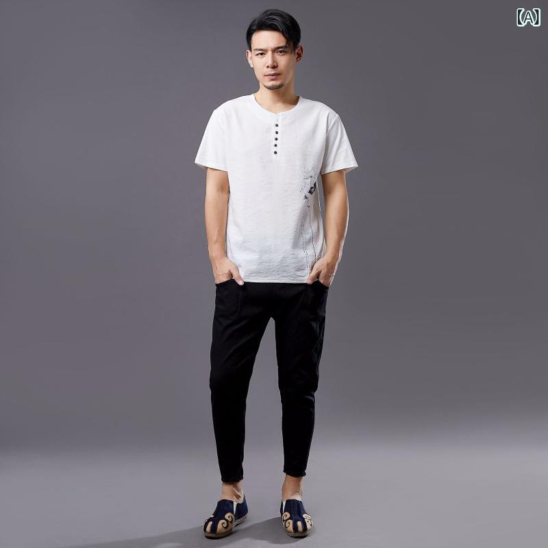 Tシャツ メンズ 男性用 短袖 丸首 5つボタン 蓮花 プリント コットン麻 ゆったり 薄手 夏 日常 白色 ブラック ベージュ カジュアル 自然風景柄 吸湿速乾 軽量 伸縮性 通勤 普段使い アウトドア|naruki