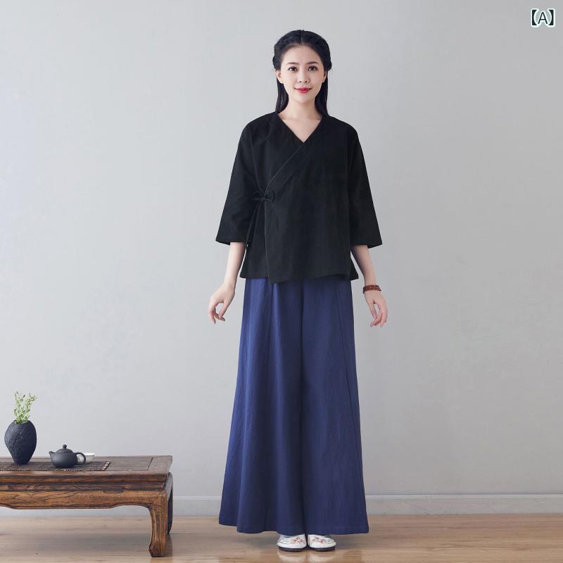 ブラウス レディース 刺繍 麻綿 トップス 復古 国風 切り替え ブラック ダークレッド ネイビー 秋夏 普段使い 通勤 軽量 吸湿速乾 ビンテージ加工 ゆったりシルエット