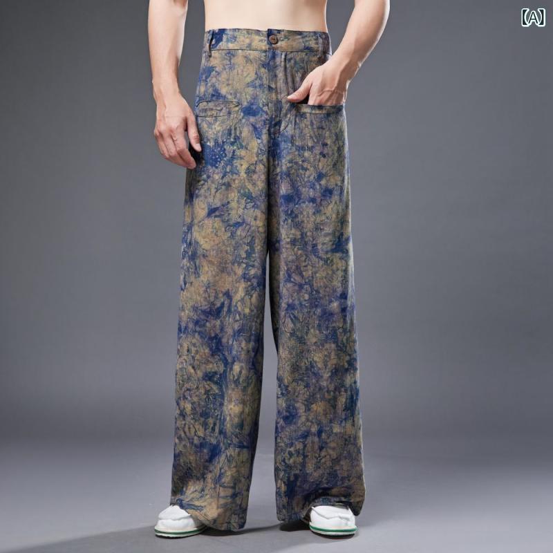 メンズ ワイドパンツ クロップドレッグパンツ ゆったり 透気性 コットンリネン 薄手 直筒 ミドルウエスト ジップフライ 抓染柄 復古 民族風 夏 レジャー 青年用 カジュアルパンツ ロング丈 ポケット付き 無弾性 スポーツレジャー 画像色