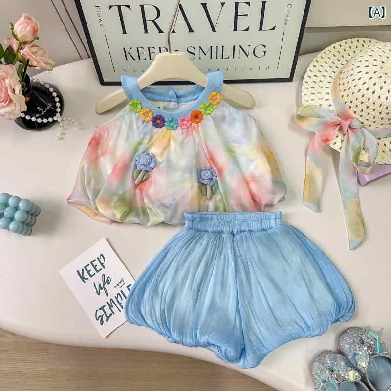 女児 キッズ 女の子 子供服 ベビー トップス 短パン セット キャミソール 無袖 花柄 花? プリント 夏 夏季 薄手 薄款 柔らかい ポリエステル ?? 田園 かわいい プリンセス 休暇 リゾート 度假 風 3～8歳 90～140cm