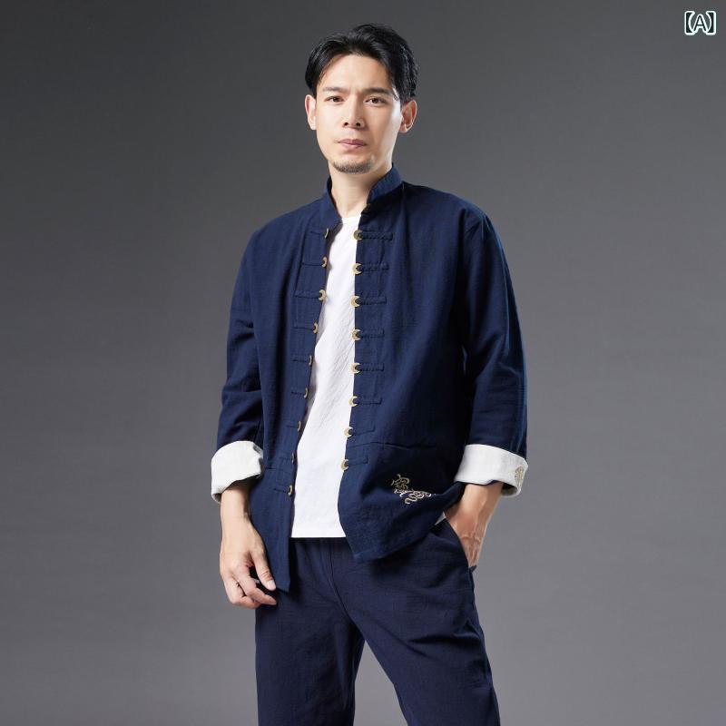 シャツ メンズ 麻 中年 刺繍 長袖 切り替え 袖まくり 可能 休? ビジネス 通勤 普段使い 春秋 秋冬 紺色 軽量 通気性 吸湿速乾 再生繊維 高級感