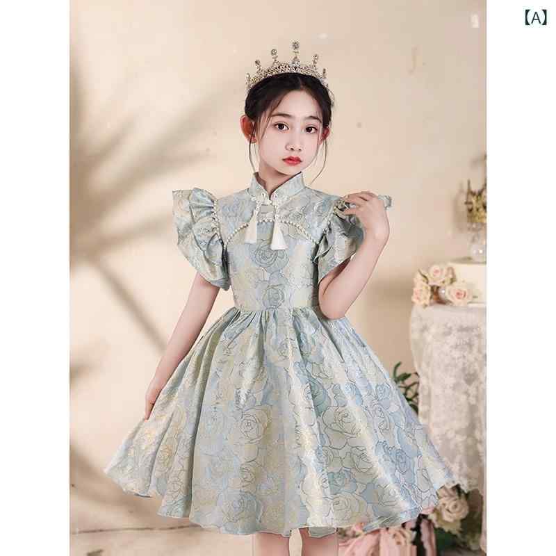 女児用 礼服 ドレス プリンセス スカート 女の子 パーティー ドレス 演奏会 衣装 演出服 国風 ワンピース 子供用 酵素洗 ポリエステル 混紡 生地 通年用 かわいい プリンセススタイル 女童 フォーマル ドレス