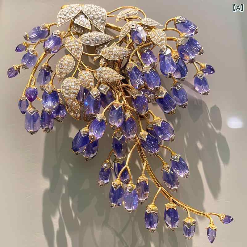 胸針 女性用 紫藤花 天然水晶 ブローチ 胸花 花卉 植物モチーフ 清新 かわいい 田園風 春季 装飾 電気メッキ加工 銅素材 淡水パール ベ珠 グレー系 パープル系 ワンピース 礼服 時装周 アクセサリー