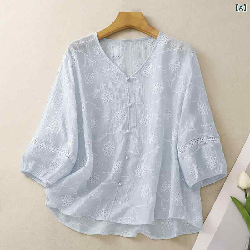 Tシャツ レディース 春夏 Vネック 珍珠ボタン 透気 快適 スリム ?空 刺繍 花柄 開衫 七分袖 綿混紡 植物花卉 ワイドシルエット 切り替え 天藍色 ライトブルー 吸湿速乾 軽量 伸縮性 文?風 復古 カジュアル 普段使い