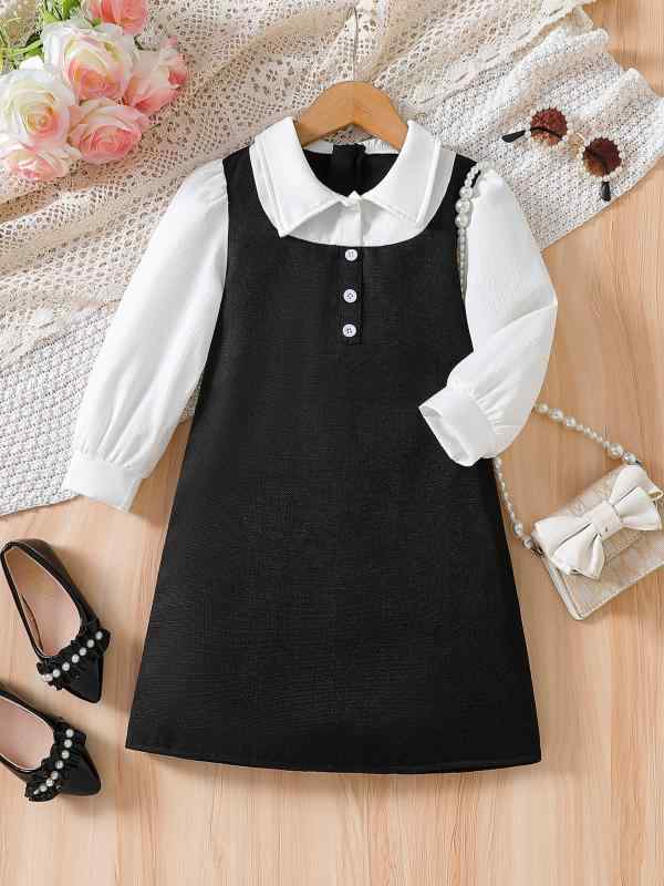 ワンピース 女の子 背心 シャツ 長袖 黒白 切り替え 馬甲 ロングスカート 子供服 中大童 ?綸 ポリエステル 柔軟 かわいい 純色 西装スカート 春夏 夏用