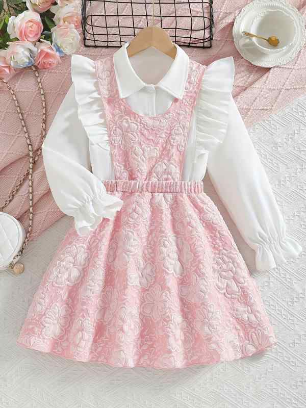 女の子 ワンピース 長袖 フリル 切り替え ロングスカート ピンク 立体花 プリンセスライン Aライン かわいい 女児用 中大童 ポリエステル 柔らか素材 春秋 花柄 トップス 付き スカート キッズ ドレス