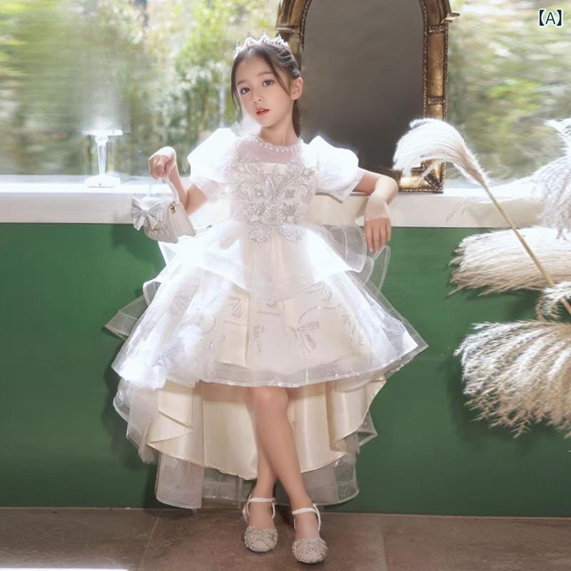 女児用 プリンセスドレス 子供礼服 女の子 演出服 演奏会衣装 花嫁付添い 誕生日パーティー 香?色 ホワイト ロングテール ショート丈 スパン 伸縮性 酵素洗い 夏用 かわいい プリンセス風