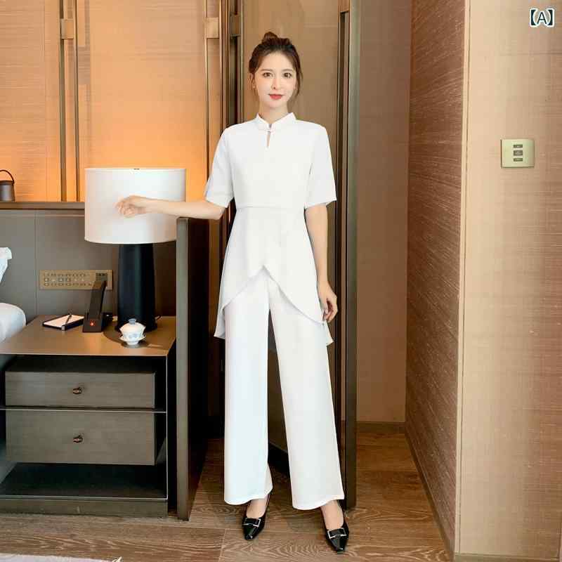 作業服 女性用 中袖 美容師 技師 セットアップ 立領 吸湿排汗 雪? ポリエステル 再生繊維 ホワイト グリーン ピンク ブルー 通勤 ホテル 足浴店 スパ 気質 エレガント 長ズボン