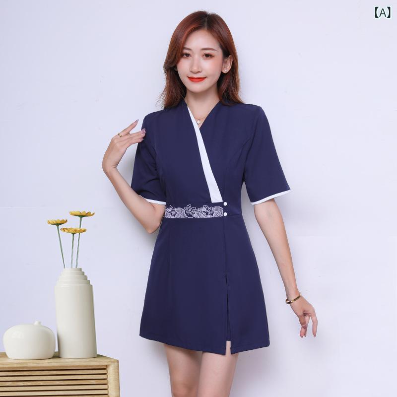 スカート セット レディース ホテル 制服 短め スカート 上下セット 吸湿速乾 ポリエステル ブルー 通勤 普段使い 伸縮性 SPA スタッフ ユニフォーム