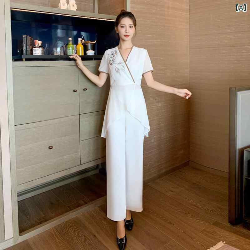 作業着 女性用 足浴技師 足?店 美容師服 セット 刺繍 短袖 Vネック 長ズボン 吸湿排汗 ポリエステル 白 春夏秋冬 通勤用 軽量 伸縮性 ホテル制服 スパ服 ユニフォーム