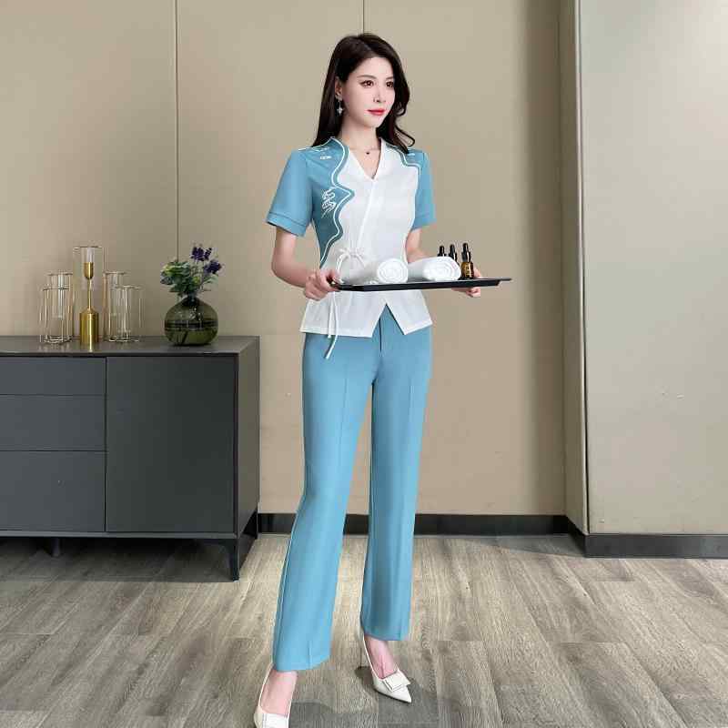 作業服 レディース 足療技師 美容院 セットアップ 短袖 長ズボン Vネック 吸湿速乾 ?? ポリエステル 再生繊維 ブルー 通勤用 普段使い 軽量 伸縮性 通年用