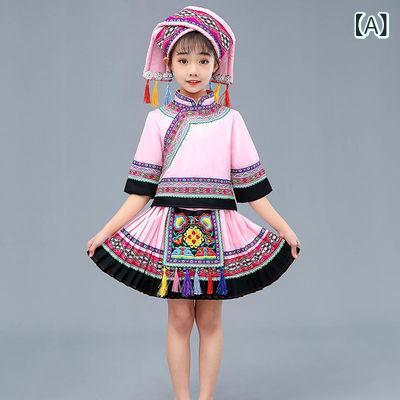 キッズ 民族衣装 ダンス衣装 子供 男女兼用 苗族 ・迂族 土家族 彝族 少数民族 コスチューム セット かわいい 花辺 麻 再生繊維 ピンク ブラック イエロー レッド 無袖 帽子付き 通年使用