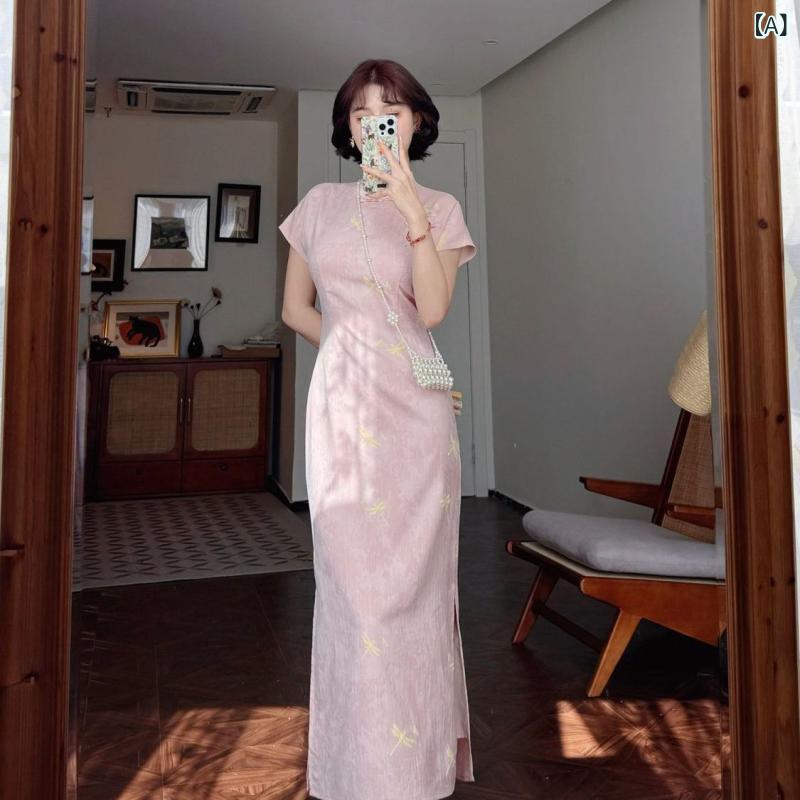 チャイナドレス 女性用 春夏 ピンク ブルー イエロー アイボリー 中丈 無袖 ノースリット 連肩袖 蜻・暘 プリント 切り替え 気質 優雅 お姉さん 私服 名媛 スタイル ポリエステル 伸縮性 通勤 普段使い パーティー かわいい 軽量 高級感