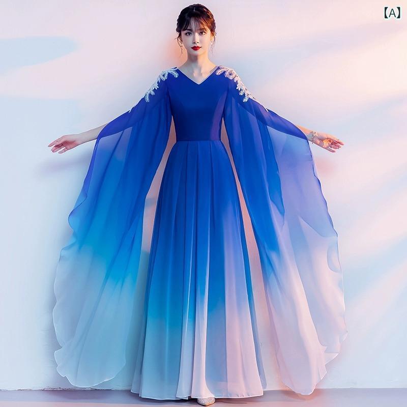 演奏ドレス 女性用 長袖 ロングスカート 中国風 礼服 ブルー Uネック ポリエステル 紗網 印花 ステージ衣装 合唱 芸術系 演奏会 民族風 通学 卒業式 ゆったりシルエット 落ち感 ロング丈