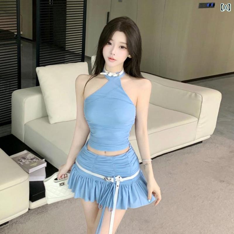 レディース ミニスカート ワンピース 塩系 少女 かわいい 純欲 プリーツ 斜め肩 ハングネック ショート丈 天藍色 無袖 背中開き 切り替え デザイン ポリエステル 素材 通勤 スタイル カジュアル セットアップ 四季通用 軽量 通勤通学 普段使い 女