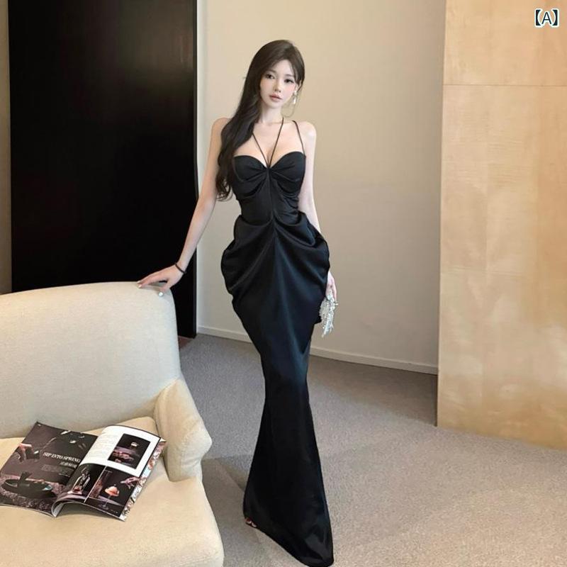 ワンピース 女性用 長袖なし 抹胸 背中開き 高腰 包臀 ロング丈 法式 黒 接触冷感 再生繊維 切り替え セクシー 夏 私服 夜会用 パーティー 軽量 伸縮性 ハイウエスト ビッグシルエット