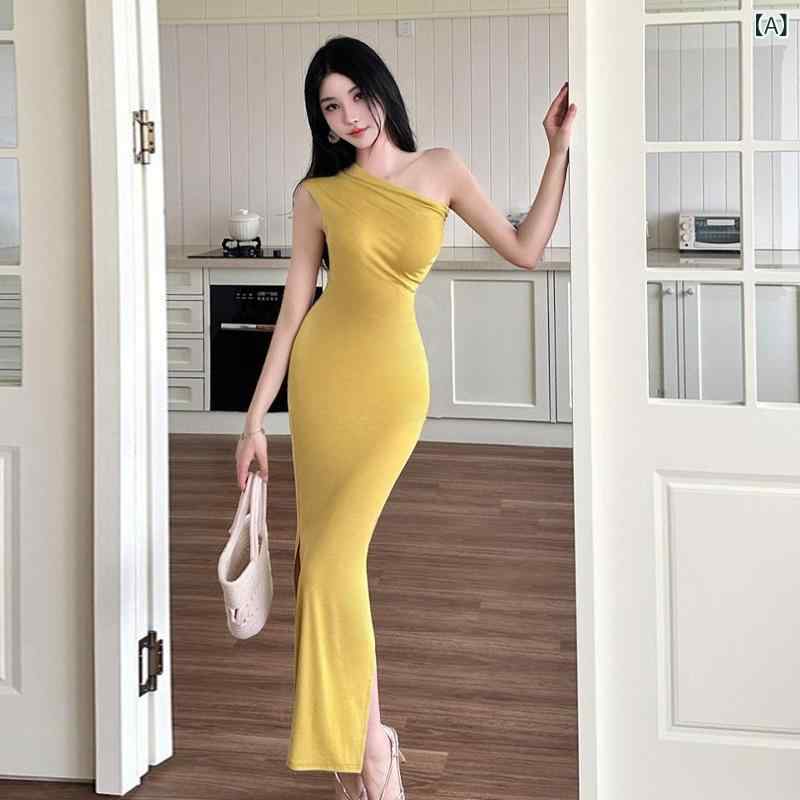 ワンピース レディース 法式 気質 斜めがけ 肩無し 無袖 お姉さん 包みヒップ タイト スリット ロング 膝下丈 黄色 ブラック 春夏 秋 S M L 伸縮性 普段使い 通勤 デート 女性用 膝丈 フレア 膝下 ミディ ロング丈