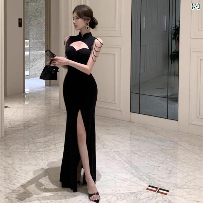 チャイナドレス 女性用 ブラック セクシー 改良 切り替え 魚尾 スリット 透け感 ロング 包臀 立領 短袖 中腰 接触冷感 ?? 聚?繊維 通勤 気質 ルーズフィット 吸湿速乾 軽量 伸縮性 ハイウエスト 夏 春夏