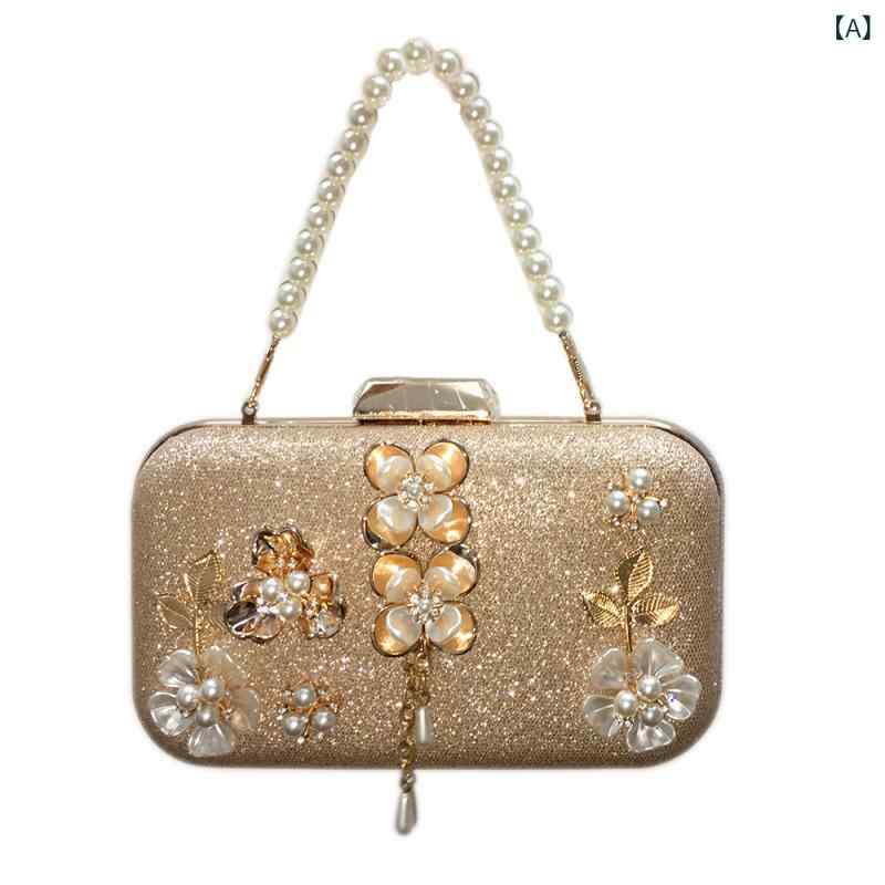 パーティーバッグ 女性用 手持ち クラッチバッグ 香?金 幻彩革 金属花 チェーン フラワーモチーフ 流蘇 ラインストーン パール 花びら 横型 方形 硬質 ハンドル 花柄 磨砂加工 ポリエステル内装 ジッパー内ポケット 硬め 大きめ 韓風 春季