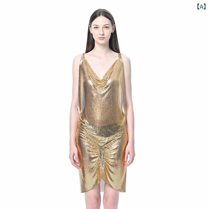 ワンピース レディース 金色 セクシー 吊り帯 中長丈 不規則スカート Uネック ノースリーブ 高腰 背中開き 切り替え 接触冷感 ポリエステル 夏 私服 かわいい 軽量 伸縮性 ハイウエスト ビッグシルエット 通勤 普段使い｜naruki 9,834円